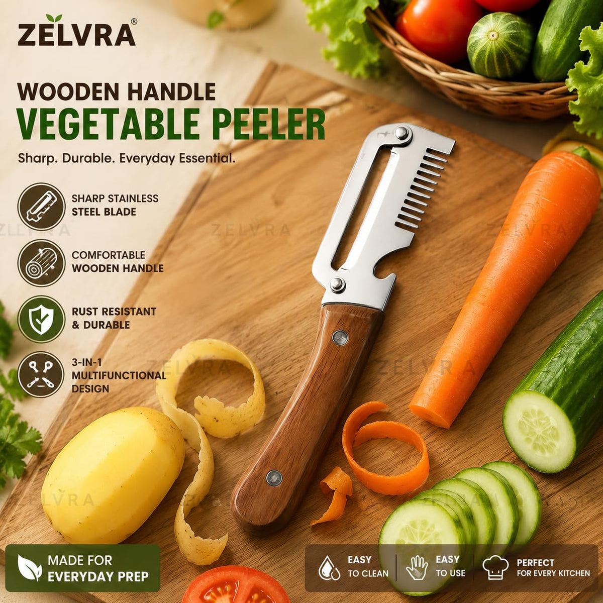 3 in 1 Vegetable Peeler with Wooden Handle (Pack of 2)